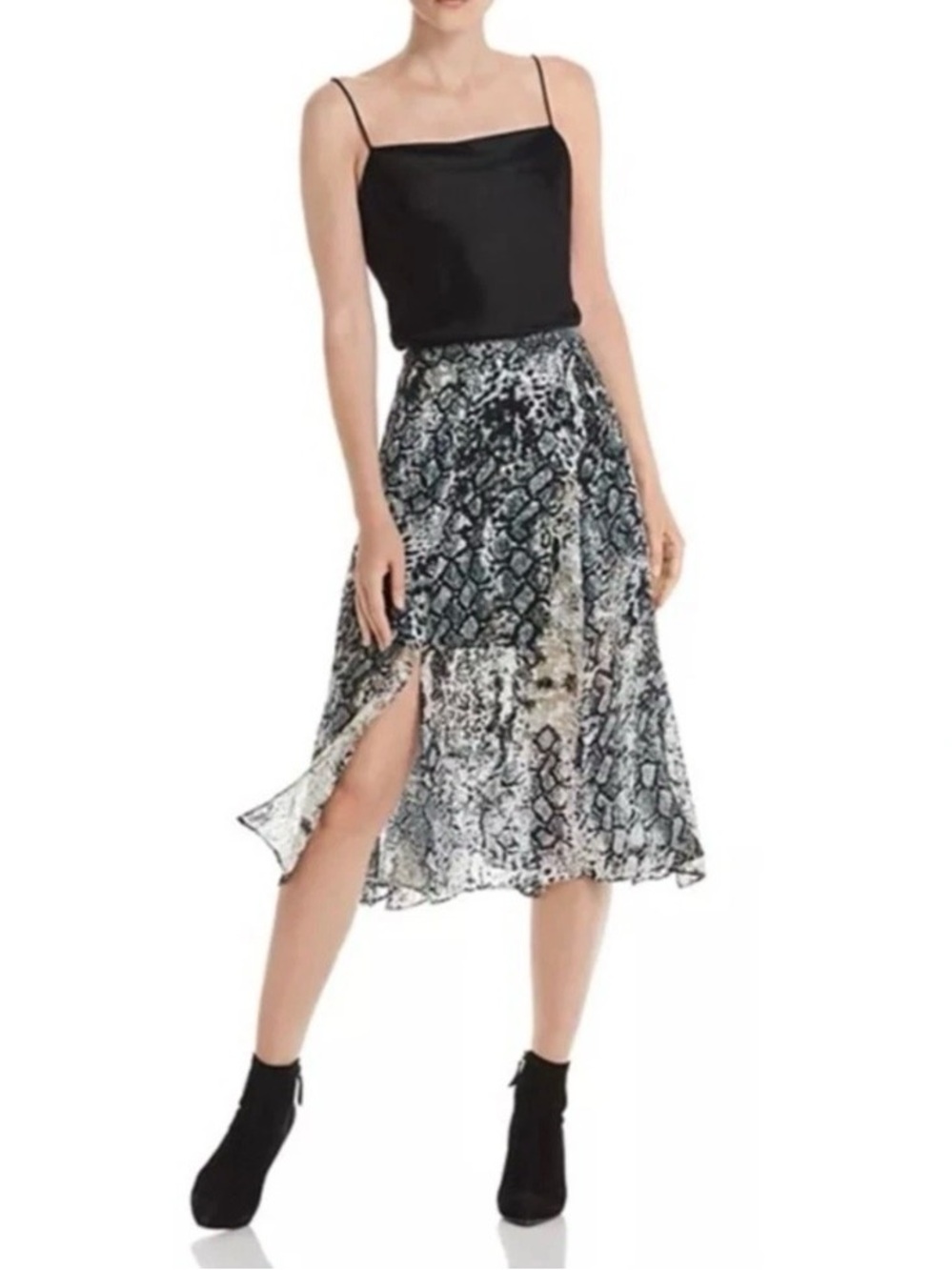Alice + Olivia Silk Blend Snakeskin Midi Skirt 0 Slit Sheer Hem